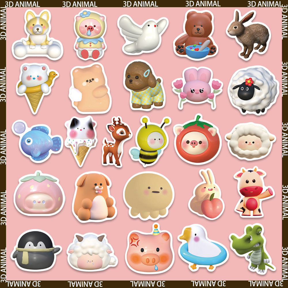52pcs Cute 3D  Animal Sticker DIY Decoration Book iPad  Phone Case Suitcase Waterproof Hand Account Sticker