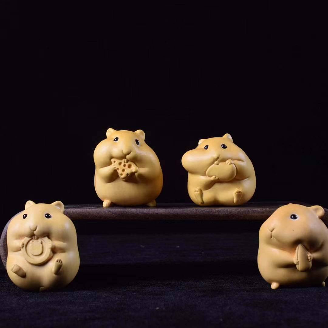 Boxwood carving Greedy hamster four brothers Handicrafts Cte small animal jewelry Handmade