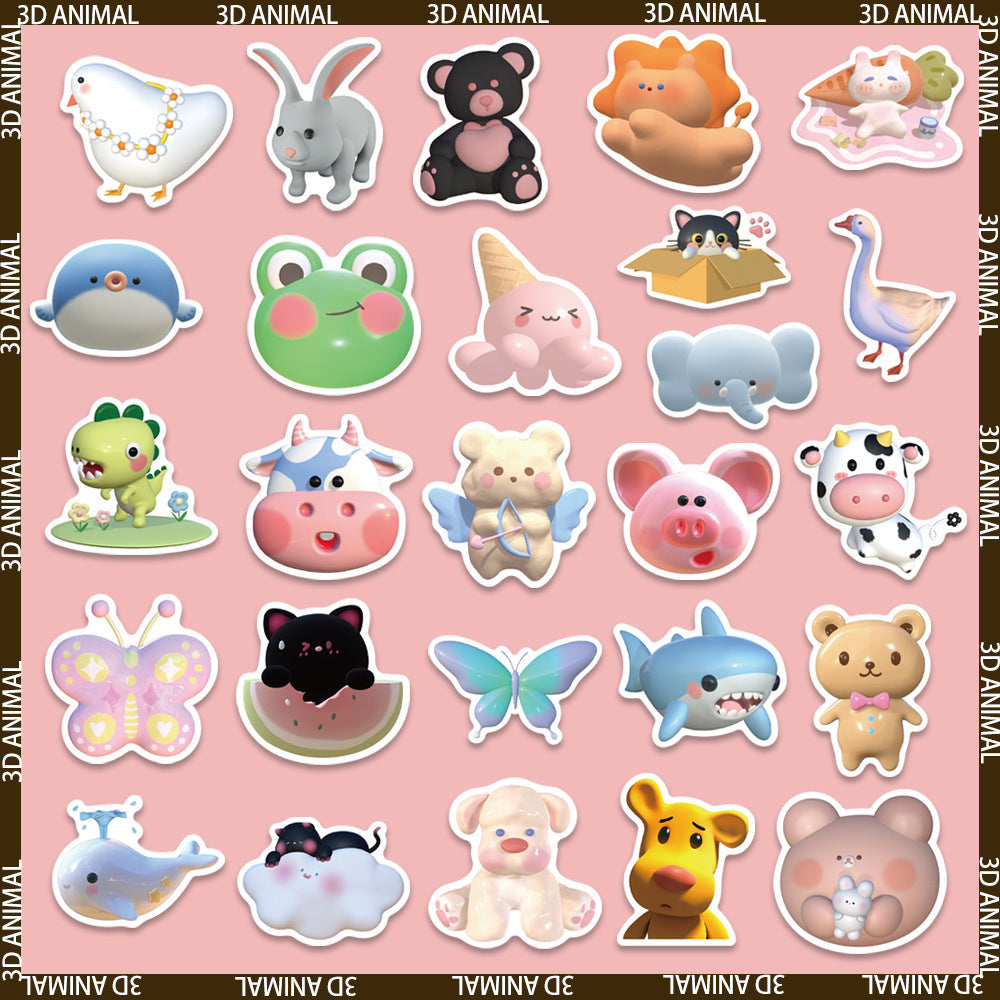 52pcs Cute 3D  Animal Sticker DIY Decoration Book iPad  Phone Case Suitcase Waterproof Hand Account Sticker